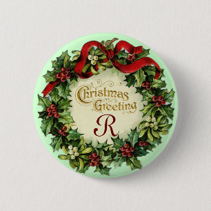 BADGE ROND 5 CM NOËL COURONNE AVEC MISTLETOES ET BERRIES SAINES