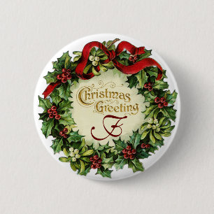BADGE ROND 5 CM NOËL COURONNE AVEC MISTLETOES ET BERRIES SAINES