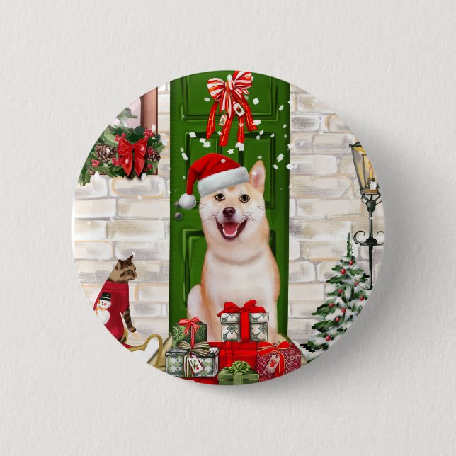 Badge Rond 5 Cm Noël de Chien Shiba Inu (Devant)