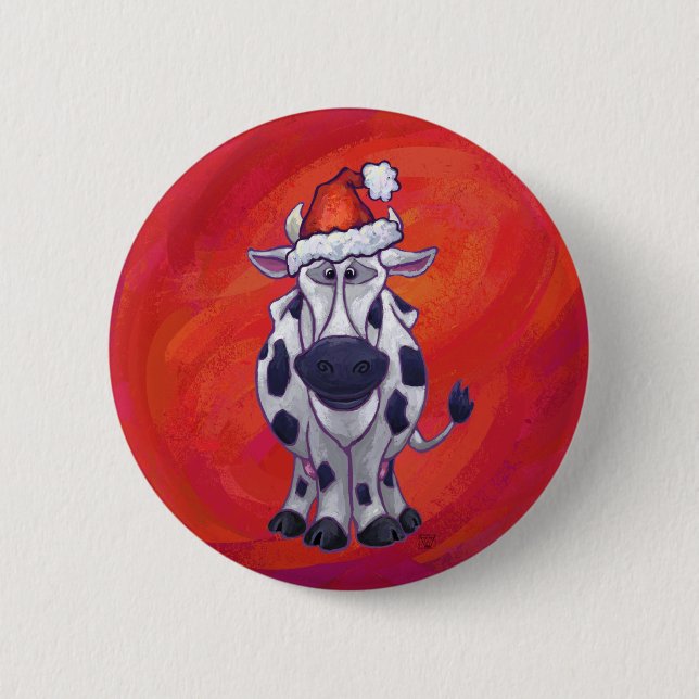 Badge Rond 5 Cm Noël de vache sur rouge (Devant)