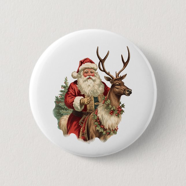 Badge Rond 5 Cm Noël du Père Noël rétro à cheval (Devant)