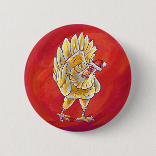 Badge Rond 5 Cm Noël Du Poulet Sur Rouge