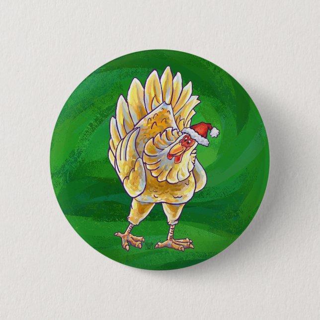 Badge Rond 5 Cm Noël Du Poulet Sur Vert (Devant)