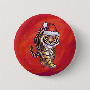 Badge Rond 5 Cm Noël du tigre en rouge