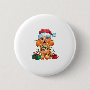 Badge Rond 5 Cm Noël Éclairage Santa Chapeau Poodle Chien Noël