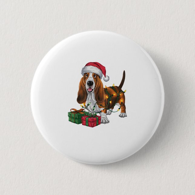 Badge Rond 5 Cm Noël Éclairage Santa Hat Basset Hound Chien Noël (Devant)