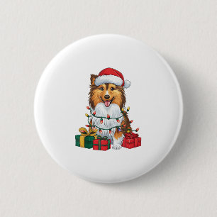 Badge Rond 5 Cm Noël Éclairage Santa Hat Sheltie Chien Noël
