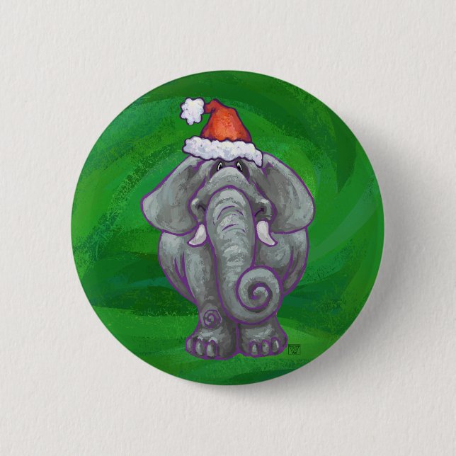 Badge Rond 5 Cm Noël Eléphant Sur Vert (Devant)