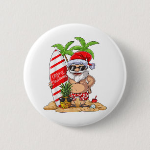 Badge Rond 5 Cm Noël en juillet Père Noël Hawaiian Summer Surf Sur