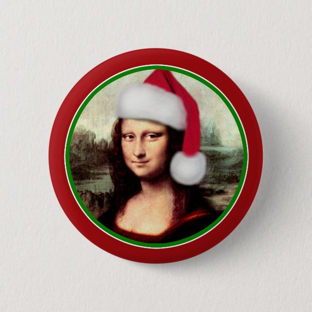 Badge Rond 5 Cm Noël Mona Lisa avec chapeau de Santa (Devant)