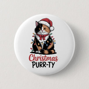 Badge Rond 5 Cm Noël Purr-ty Chat Enveloppé dans Noël Xmas