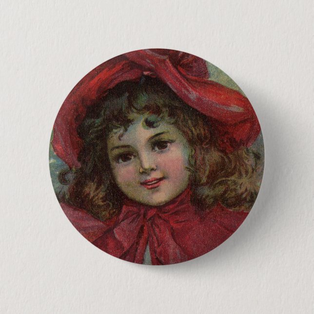 Badge Rond 5 Cm Noël Victorien Enfant Rouge Casquette Portrait Fil (Devant)