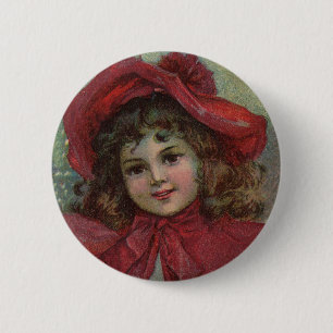 Badge Rond 5 Cm Noël Victorien Enfant Rouge Casquette Portrait Fil