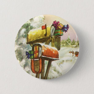 Badge Rond 5 Cm Noël Vintage, boîtes aux lettres dans le paysage h