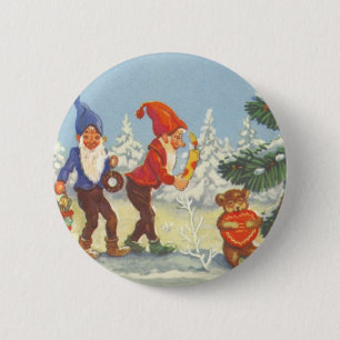 Badge Rond 5 Cm Noël vintage, elfes dans la forêt de neige hiver