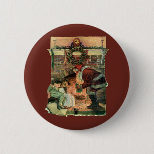 Badge Rond 5 Cm Noël vintage, enfants au Père Noël victorien