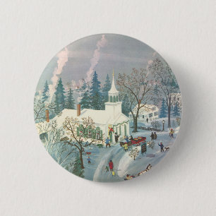 Badge Rond 5 Cm Noël vintage, gens allant à l'église dans la neige