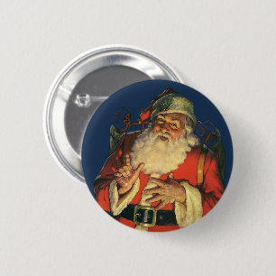 Badge Rond 5 Cm Noël vintage, Jolly Santa Claus avec jouets