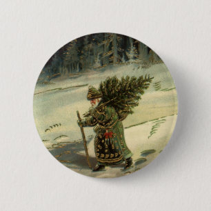 Badge Rond 5 Cm Noël vintage, le Père Noël porte un arbre