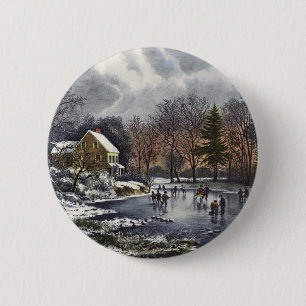 Badge Rond 5 Cm Noël vintage, Patineurs de début d'hiver sur un ét