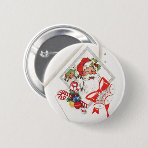 Badge Rond 5 Cm Noël vintage, Père Noël avec cannes de bonbon