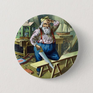 Badge Rond 5 Cm Noël vintage, Père Noël construisant des jouets à 