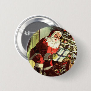Badge Rond 5 Cm Noël vintage, Père Noël rétro avec cadeaux