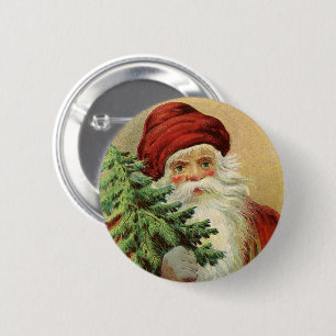 Badge Rond 5 Cm Noël vintage, Père Noël victorien avec arbre