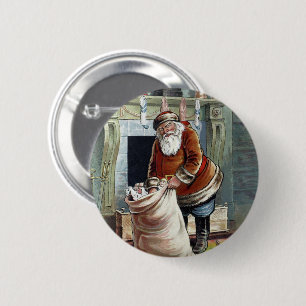 Badge Rond 5 Cm Noël vintage, Saint Nicolas au coin du feu