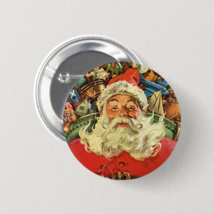 Badge Rond 5 Cm Noël Vintage Santa Claus à Sleigh avec jouets