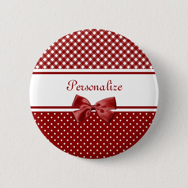 Badge Rond 5 Cm Nœud en Gingham Rouge Nom (Devant)