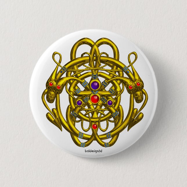 BADGE ROND 5 CM NOEUDS CELTIQUES D'OR AVEC DRAGONS DOUCES (Devant)