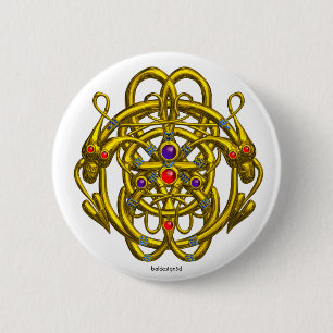 BADGE ROND 5 CM NOEUDS CELTIQUES D'OR AVEC DRAGONS DOUCES