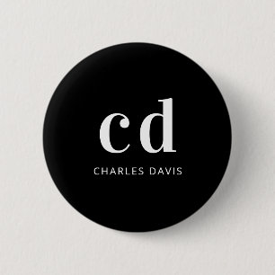 Badge Rond 5 Cm Noir blanc monogramme initiales nom minimaliste