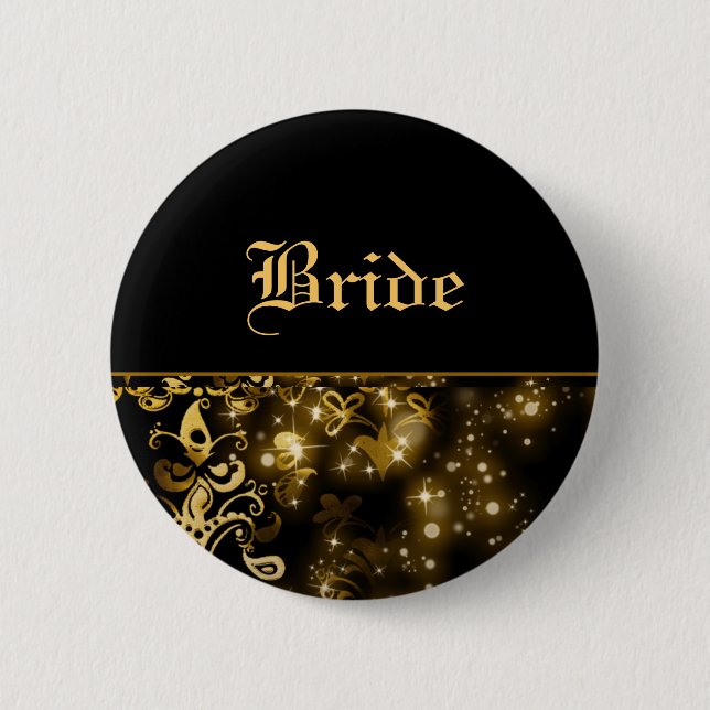 Badge Rond 5 Cm Noir d'or de jeune mariée épousant la partie (Devant)