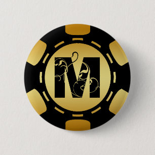 BADGE ROND 5 CM NOIR ET JETON DE POKER DE LA LETTRE M DE