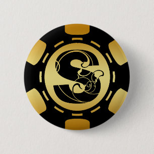 BADGE ROND 5 CM NOIR ET JETON DE POKER DE LA LETTRE S DE