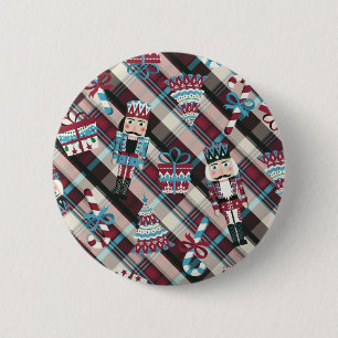 Badge Rond 5 Cm Noisette de Noël Plaid Bleu Bourgogne