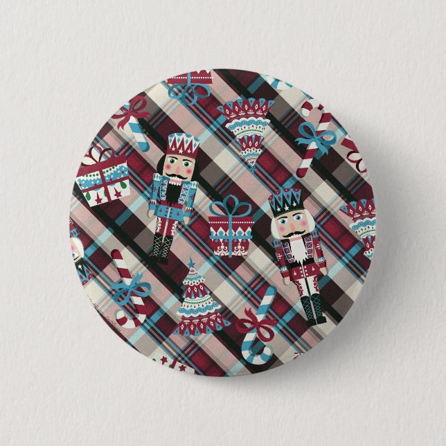 Badge Rond 5 Cm Noisette de Noël Plaid Bleu Bourgogne (Devant)