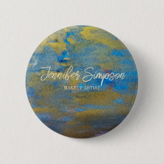 Badge Rond 5 Cm Nom Abstrait Aquarelle Bleue Pailletée Dorée