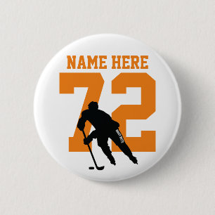 Badge Rond 5 Cm Nom de joueur de hockey personnalisé numéro orange