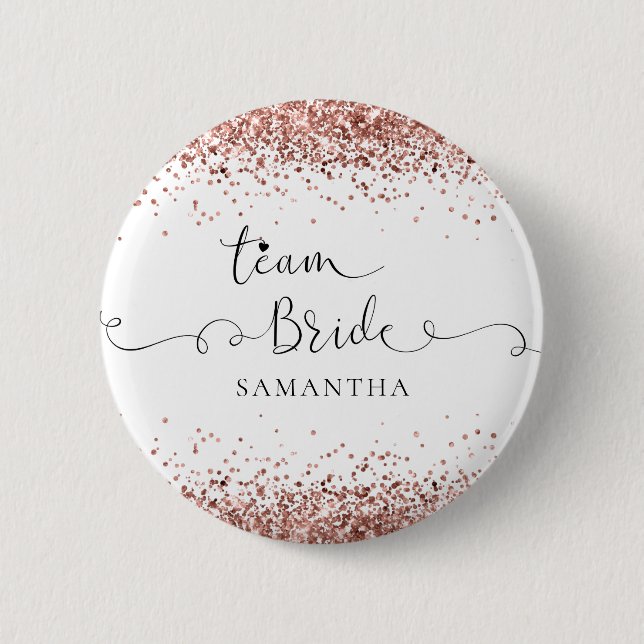 Badge Rond 5 Cm Nom de la mariée de l'équipe - Script Rose Gold Pa (Devant)