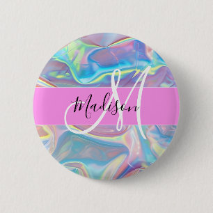 Badge Rond 5 Cm Nom de monogramme holographique iridescent rose fé