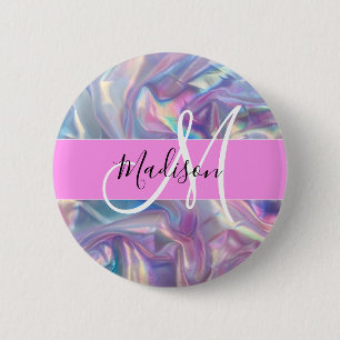 Badge Rond 5 Cm Nom de monogramme holographique iridescent rose fé