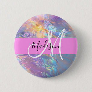 Badge Rond 5 Cm Nom de monogramme holographique iridescent rose fé