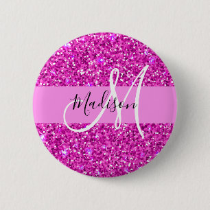 Badge Rond 5 Cm Nom de monogramme scintillant de paillettes rose e