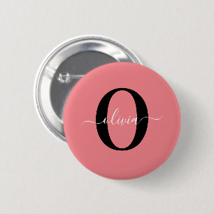Badge Rond 5 Cm Nom de script de monogramme personnalisé Noir Blan