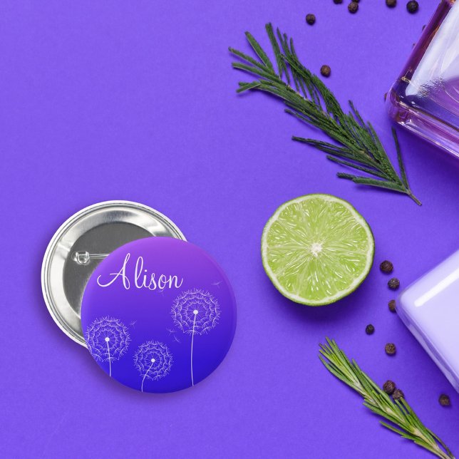 Badge Rond 5 Cm Nom des fleurs de pissenlit blanc violet minimalis (Créateur téléchargé)