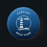 Badge Rond 5 Cm Nom du bateau du capitaine de vaisseau Marine Bleu<br><div class="desc">Navy Blue Nautical Classic Lighthouse and Your Personalized Boat Name and Customizable Captain Rank Button.</div>