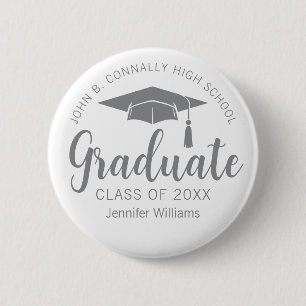 Badge Rond 5 Cm Nom du diplômé en gris argent chic Graduate Gradua